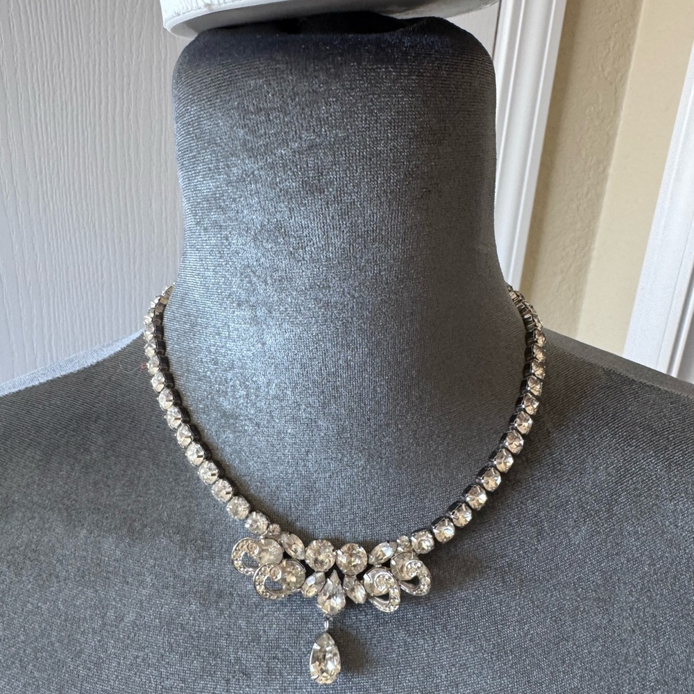 Weiss Vintage 1940’s Elegant Silver Necklace with Crystal Accents